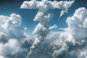 Digital artwork depicting a towering formation of white storm clouds shaped like the number seven against a blue sky, surrounded by billowing clouds and flashes of lightning