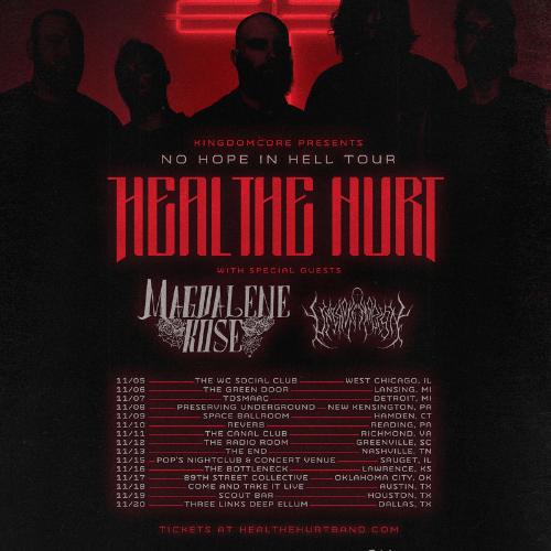 Concert tour poster with a black background and red lighting. Silhouettes of five band members appear across the top beneath a red neon cross. Text reads,