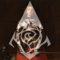 Dark album artwork featuring a woman in medieval-style armor overlaid with a large geometric symbol and circular emblem.