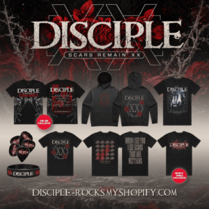 Disciple Scars Remain XX anniversary merchandise collection featuring T-shirts, hoodies, stickers, and exclusive Christian rock band apparel